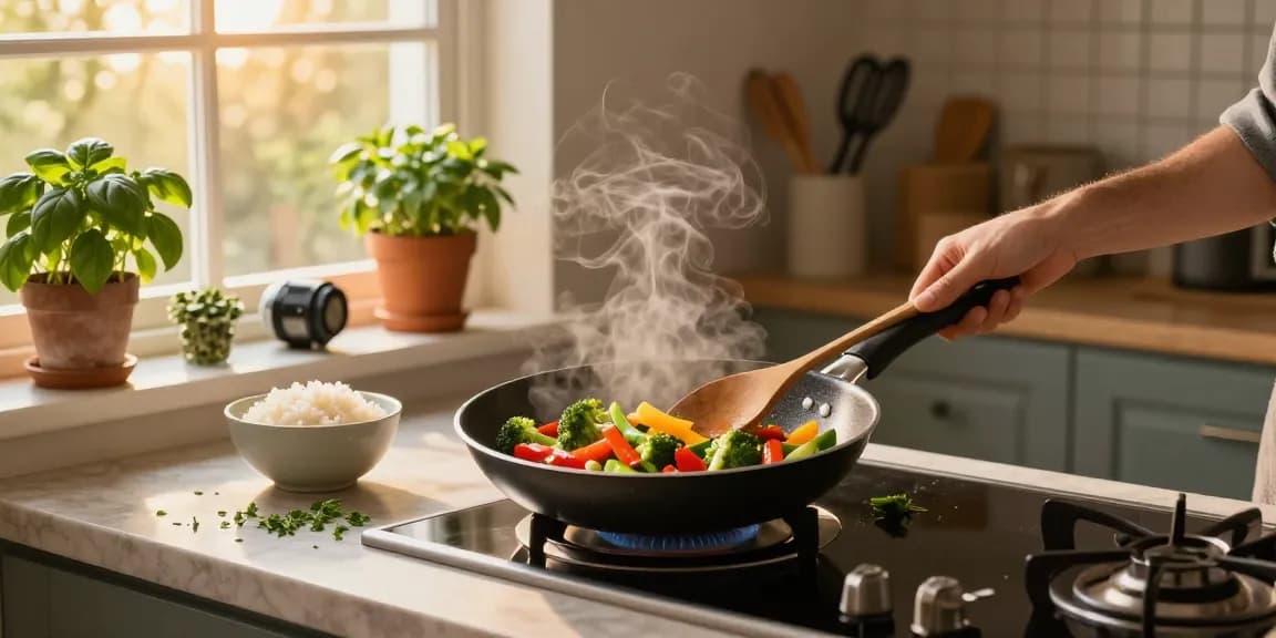 In der modernen Küche bereitet ein Koch Gemüse in einer PTFE freien Pfanne von GreenKitchen zu.