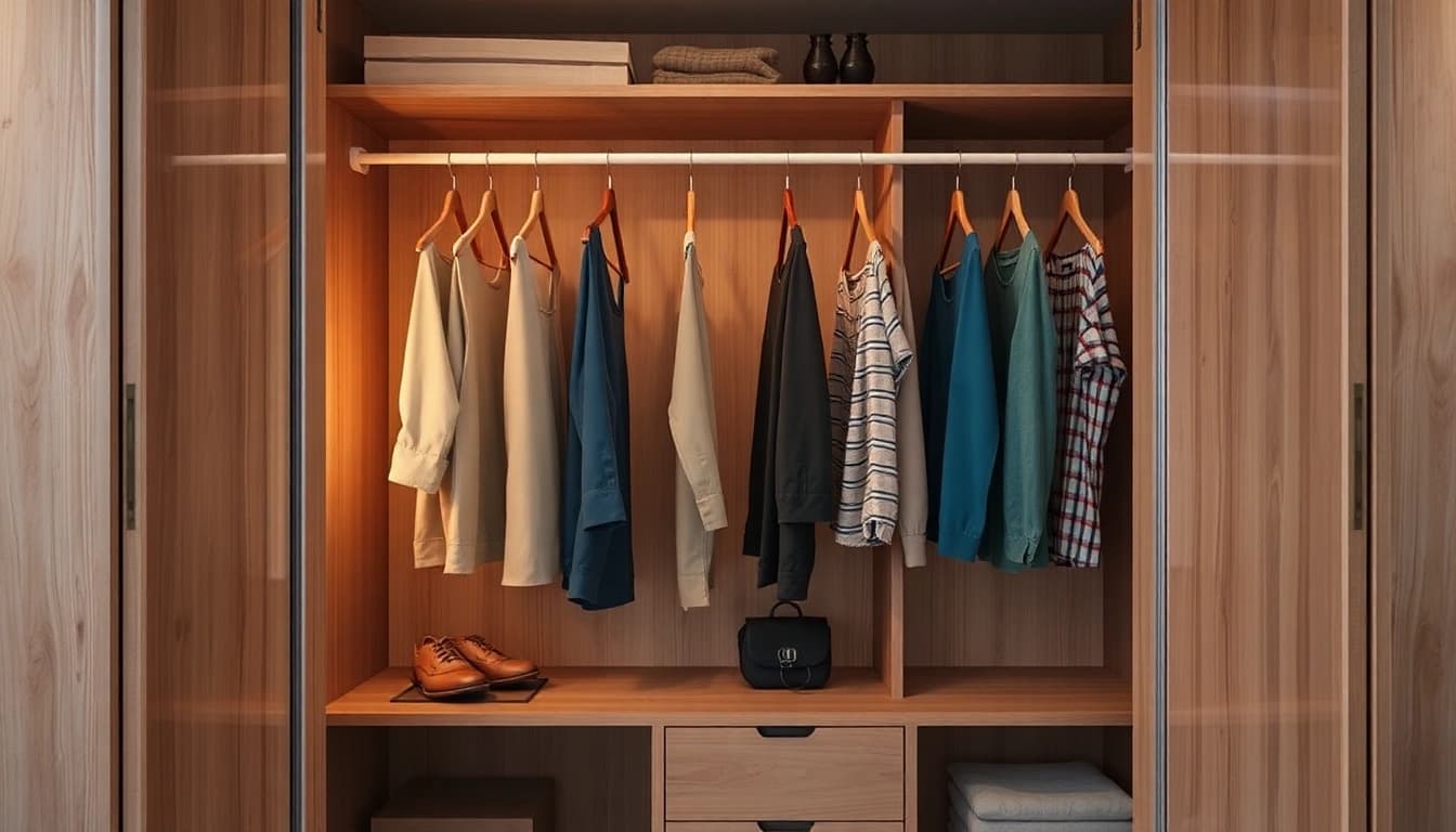Erkunden Sie nachhaltige kleiderbügel aus Holz und recyceltem Material in einem stilvollen Kleiderschrank.