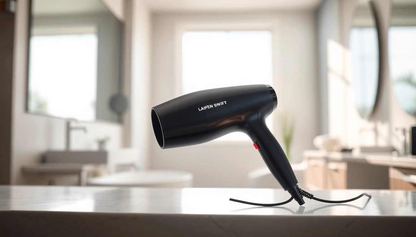 Laifen Swift Haartrockner in elegant Badumgebung stehend und einen Hauch von Luxus verleihend.