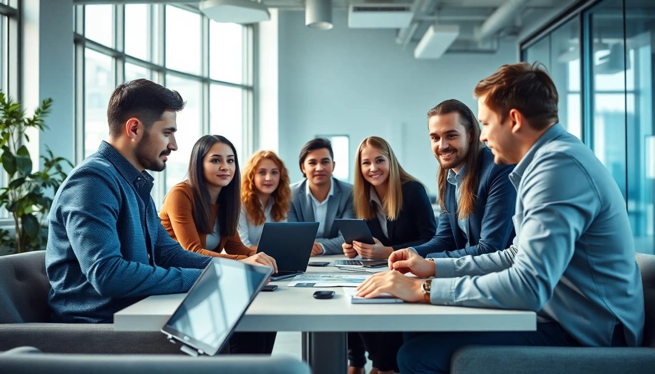 Headhunter IT team discussing strategies for successful recruitment in a modern office setting.
