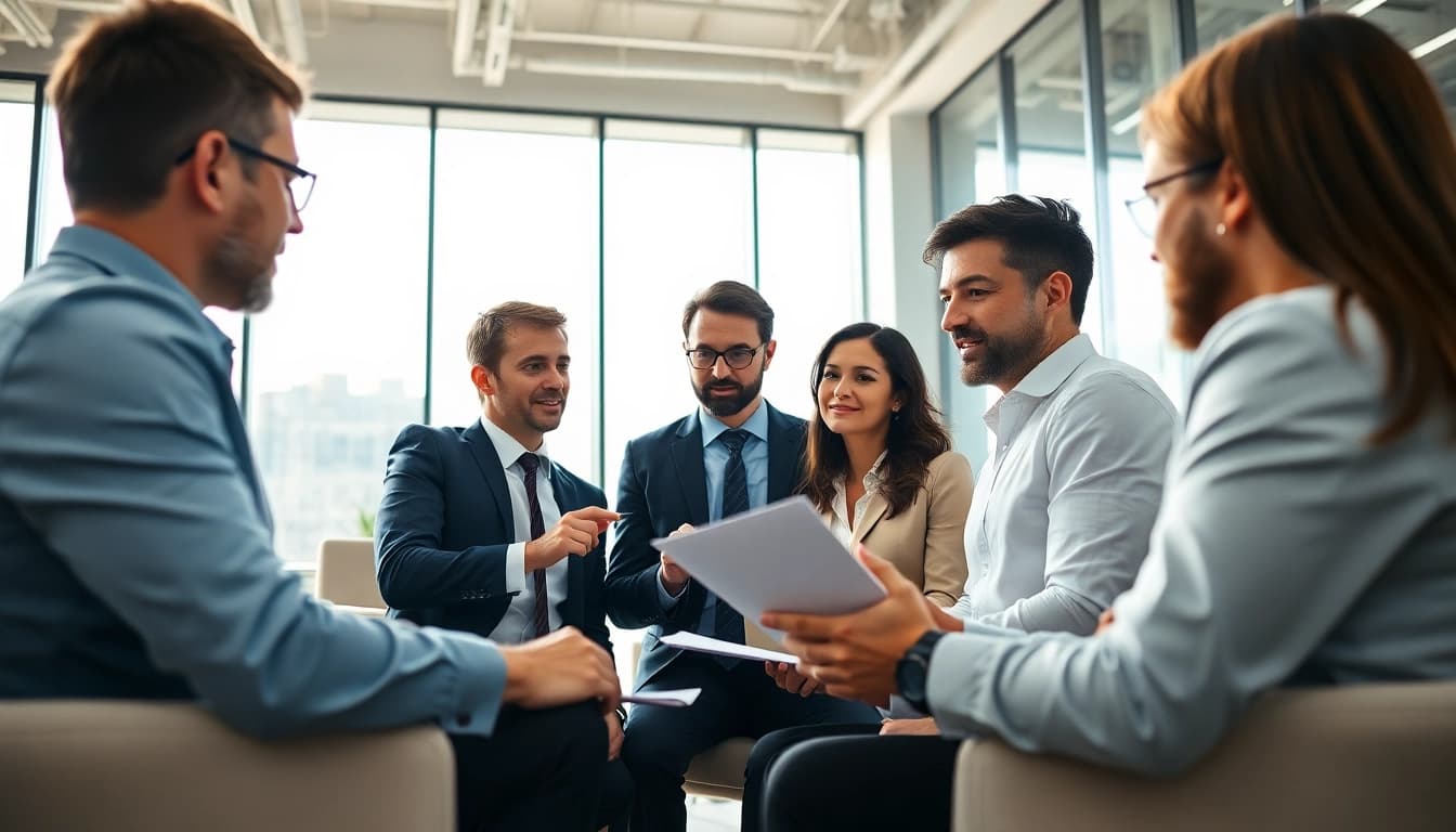 Headhunter Schweiz bespricht Strategien mit einem vielfältigen Team von Fachleuten.