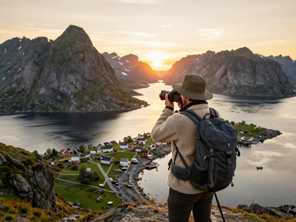 Reisender auf den Lofoten mit atemberaubenden Landschaften, die Skandinavien Reisetipps präsentieren.