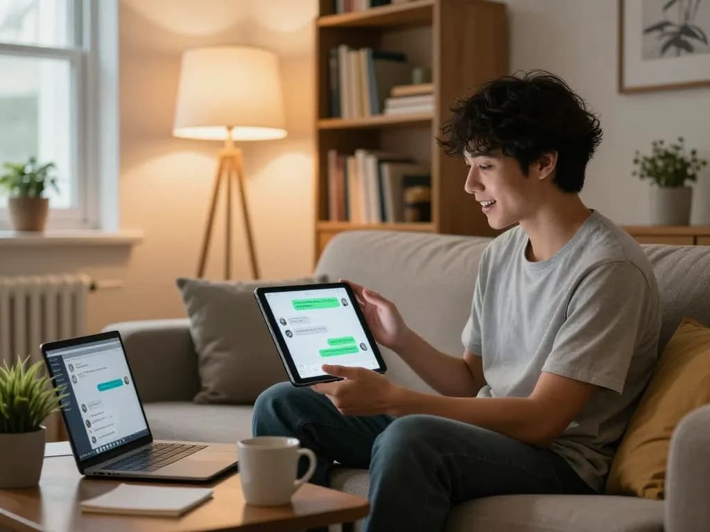 Engaging conversation about sex AI chat in a cozy urban apartment, showcasing modern technology.