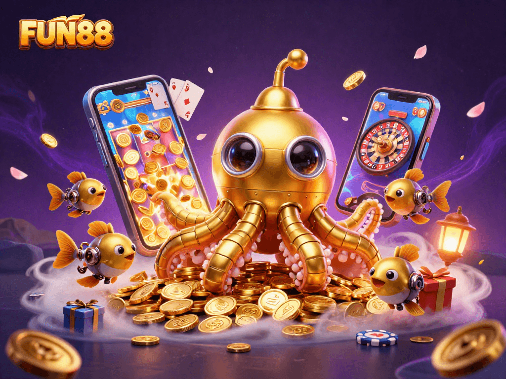 Engage in FUN88 with thrilling slot action and fantasy elements in a vibrant, 3D illustration.