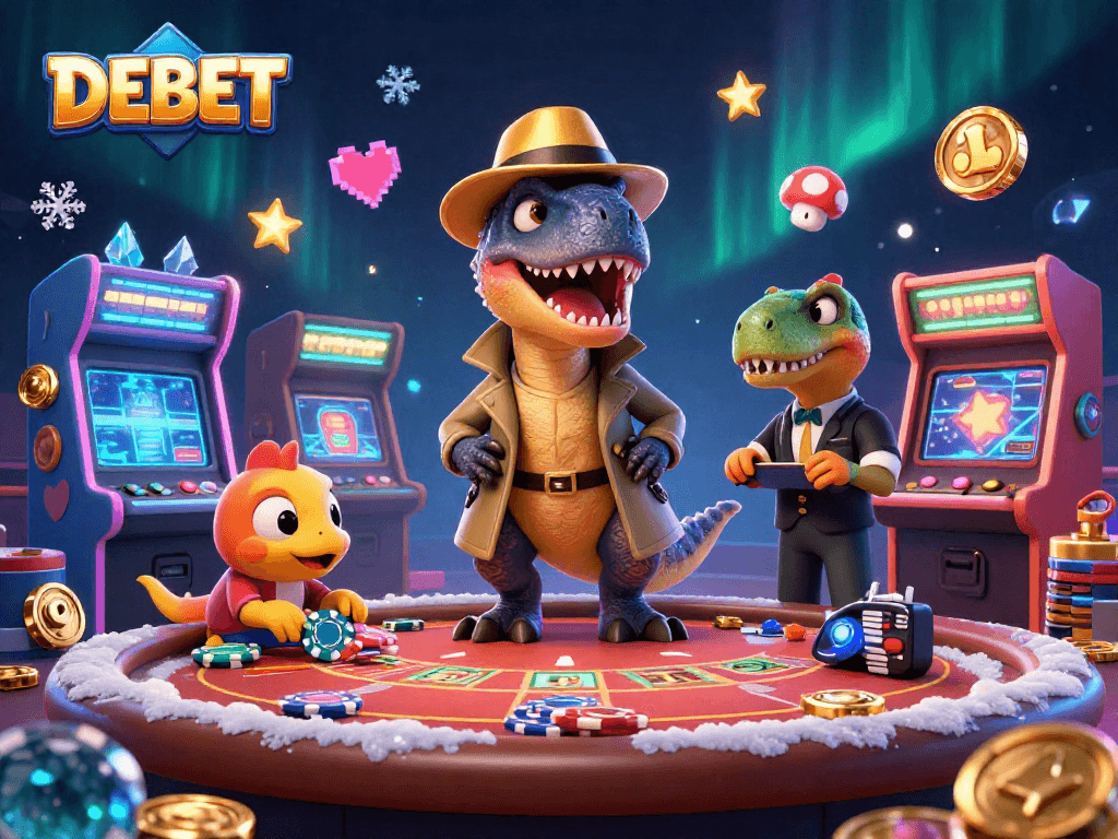 DEBET energizes gameplay with a velociraptor card counter at a blackjack table amidst vibrant game elements