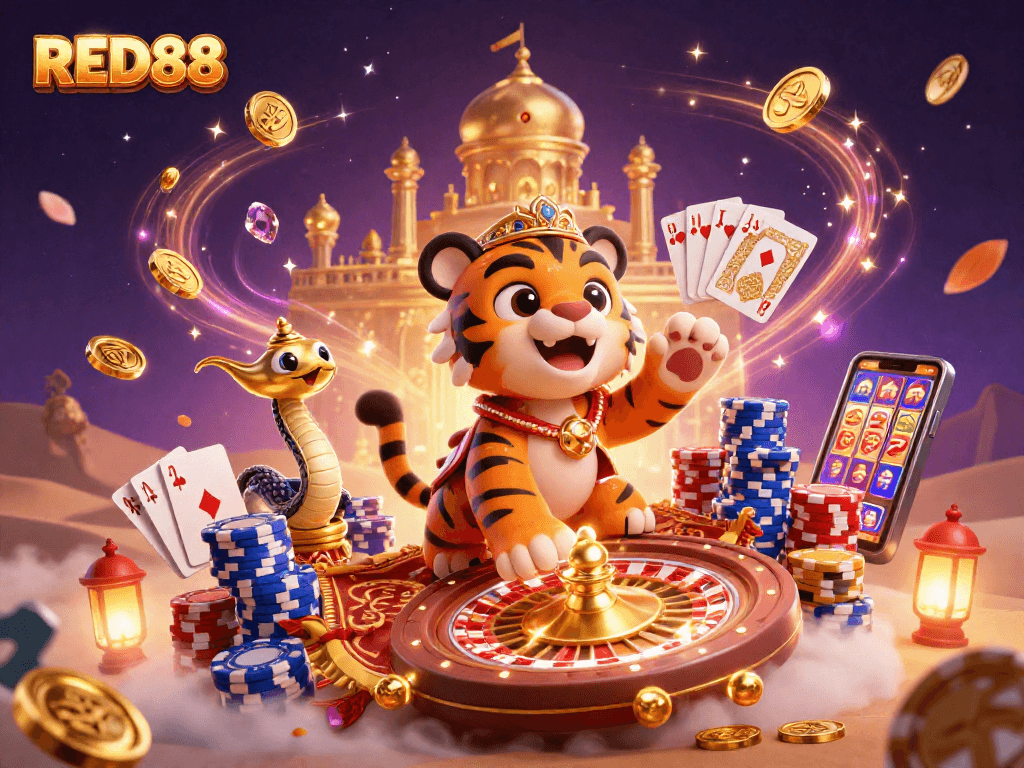 Experience the excitement of RED88 with a dynamic illustration of a sultan and casino elements.