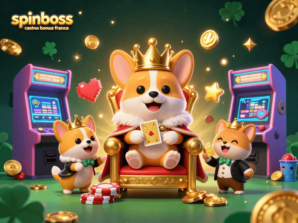 Visualisez le bonus SpinBoss casino en France avec des corgis royaux et d'autres éléments colorés.