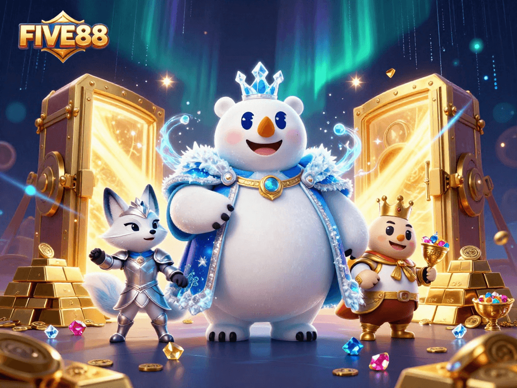 Engage with FIVE88 in this vibrant 3D casino scene featuring treasures and magical characters.