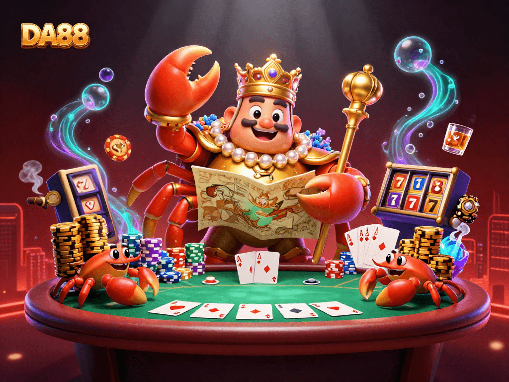 Engage in DA88 casino excitement with a majestic crab emperor and vibrant poker elements.