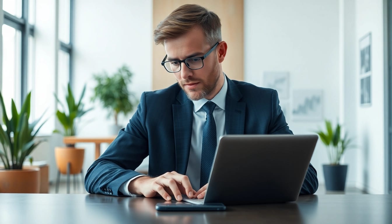 Headhunter prüft Kandidatenlisten in einem modernen Büro mit Laptop und Notizen.