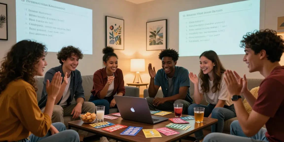 Friends enjoying a fun Quiz Allgemeinwissen session at home, engaged in friendly competition over trivia questions.