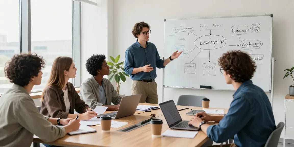 Diskussion über Micromanagement-Chef in modernem Büro mit Teammitgliedern und Notizen.