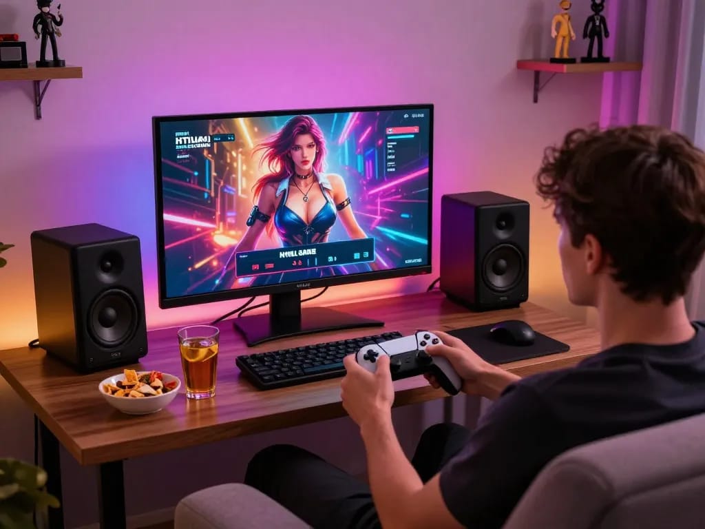 Player engaged in an HTML sex game on a large screen with vibrant graphics and cozy gaming setup.