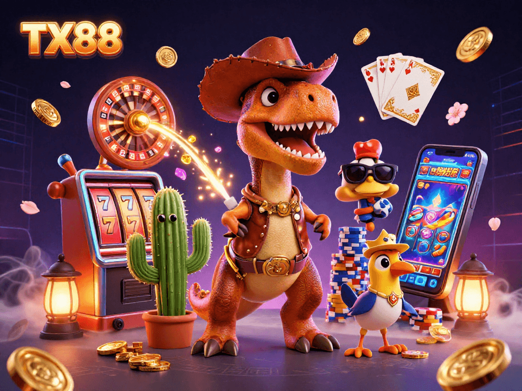 Experience TX88 with a dynamic 3D casino scene featuring a cowboy dinosaur and vibrant slot game elements.