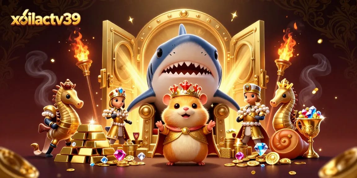 Join the fierce golden hamster king on the throne of xoilactv39's treasure in this vibrant casino illustration
