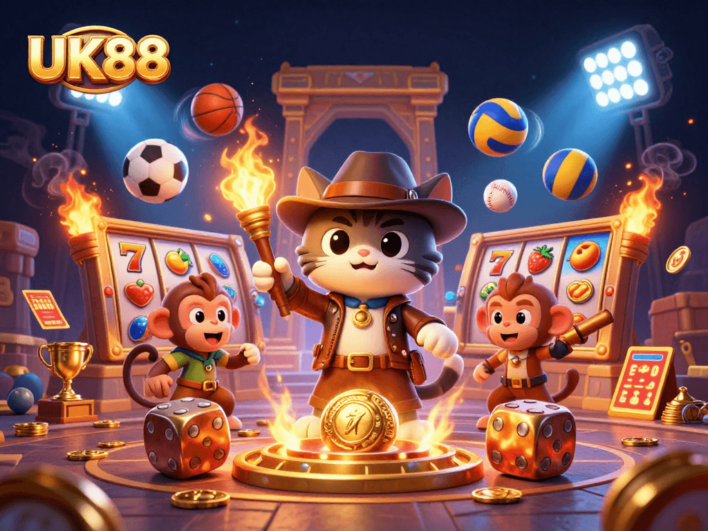 Engage in thrilling gameplay at UK88 with a treasure-hunting cat and vivid casino elements.