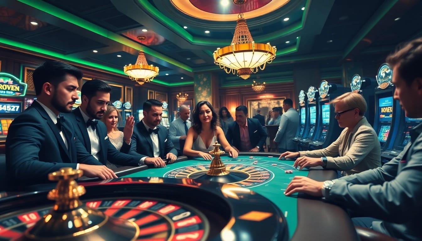 Discover a vibrant casino scene with gamblers enjoying the thrill of a plagiarismus check process amidst roulette and poker tables.