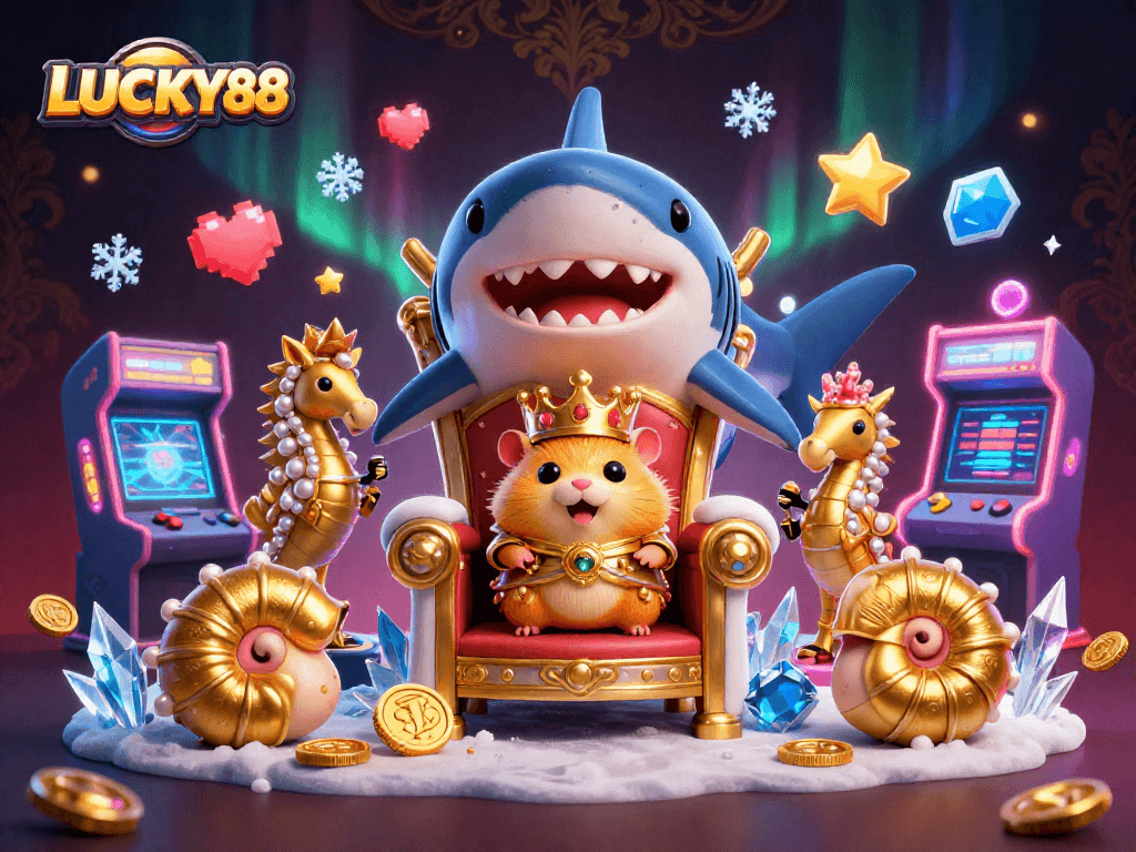 Experience the thrill with LUCKY88, featuring a golden hamster king in a vibrant casino-themed battle.