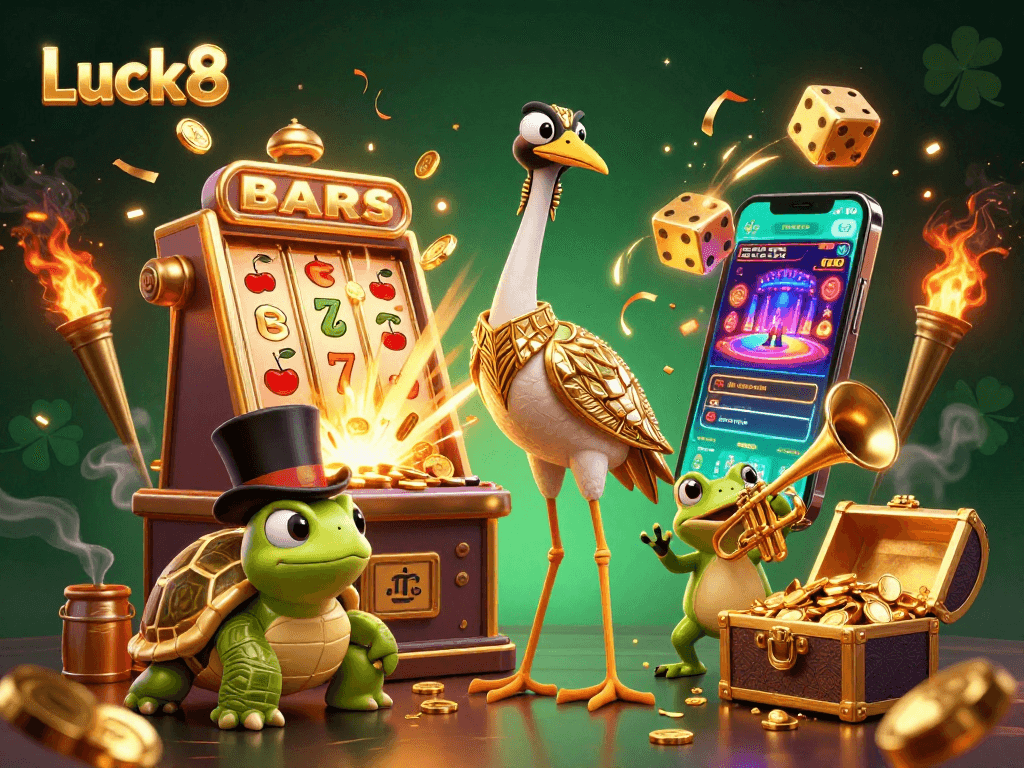 Luck8 players celebrating a jackpot at a vibrant online casino illustration with exciting slot machine elements.