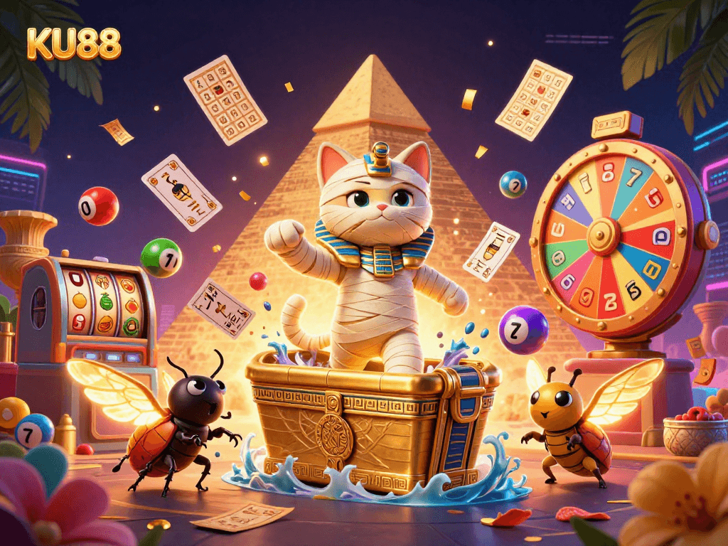 Engage with the vibrant KU88 casino scene featuring a playful Egyptian mummy cat and dynamic gaming elements.
