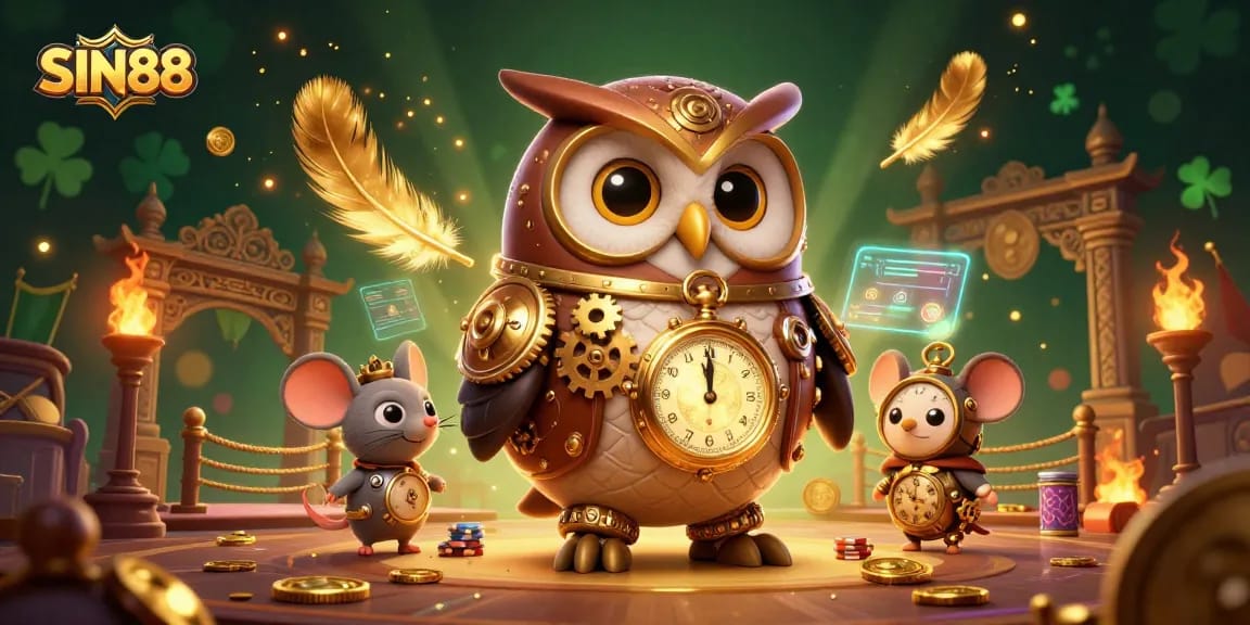 SIN88's dynamic casino scene features a steampunk owl and a clockwork mouse amidst vibrant casino action.