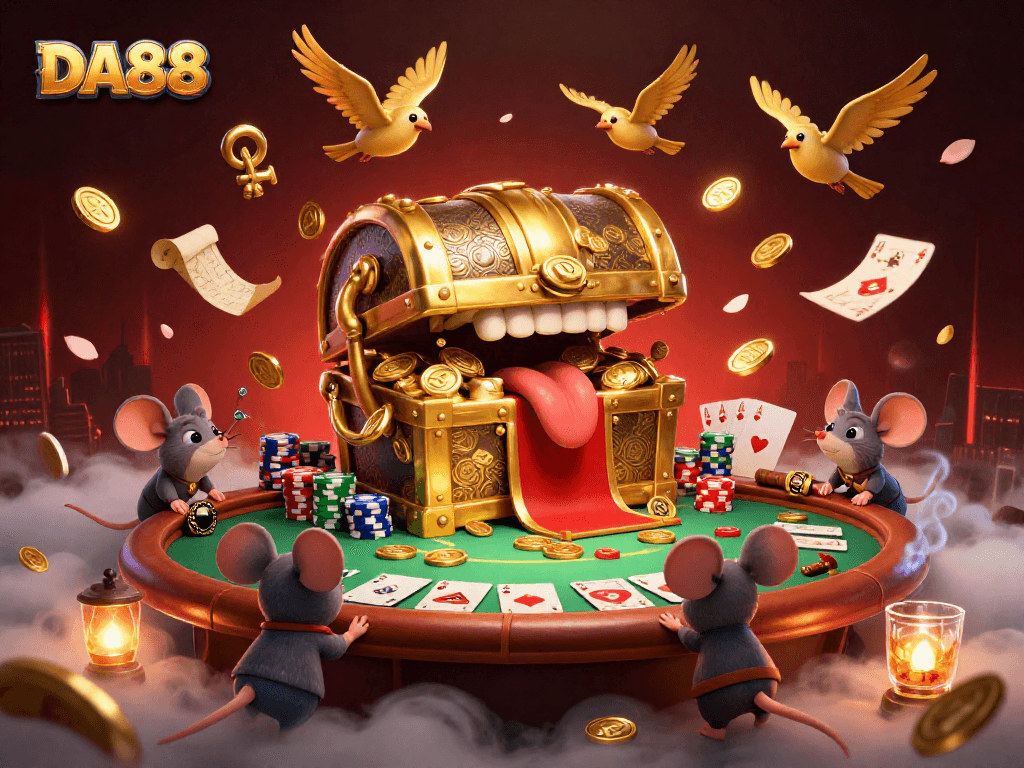 DA88 engages players with a treasure chest amidst the excitement of poker, showcasing dynamic elements.