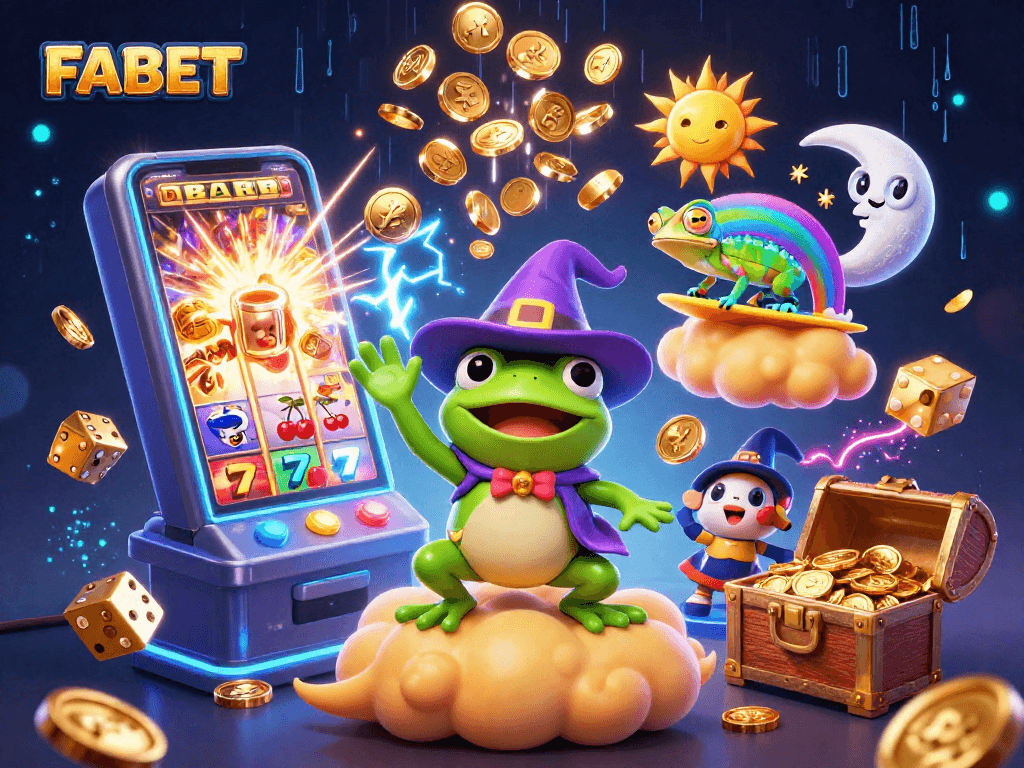 FABET showcases an exciting casino scene with a wizard frog and chameleon in a whirlwind of golden coins.
