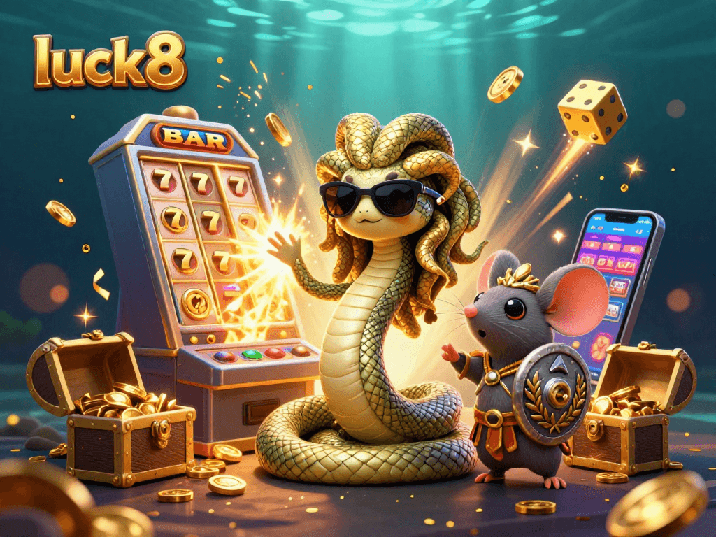 Experience the luck8 thrill with Medusa and a warrior mouse in a vibrant casino jackpot scene.