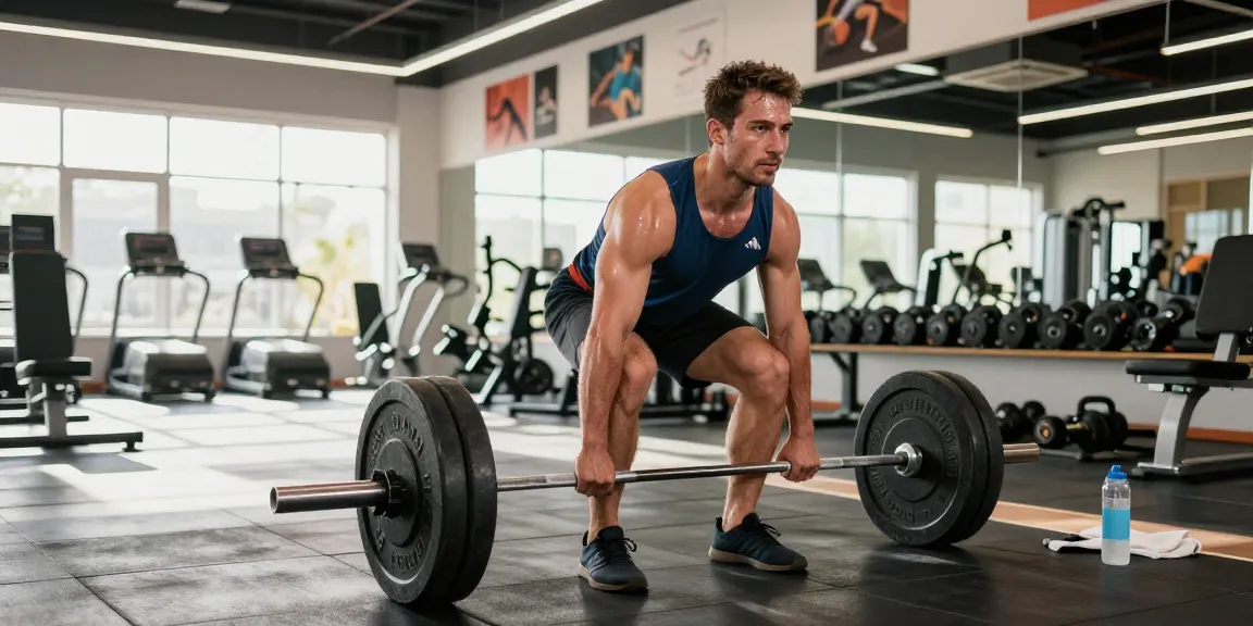Anabolika Shop Deutschland - Athletischer Mann führt Kreuzheben in einem lebhaften Fitnessstudio aus und zeigt Engagement und Stärke im Fitnessbereich.