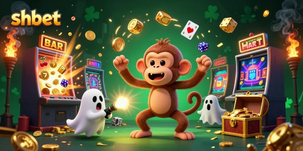 Experience the thrilling adventures at shbet with a mischievous poltergeist monkey and a ghost-hunter puppy in a vibrant casino.