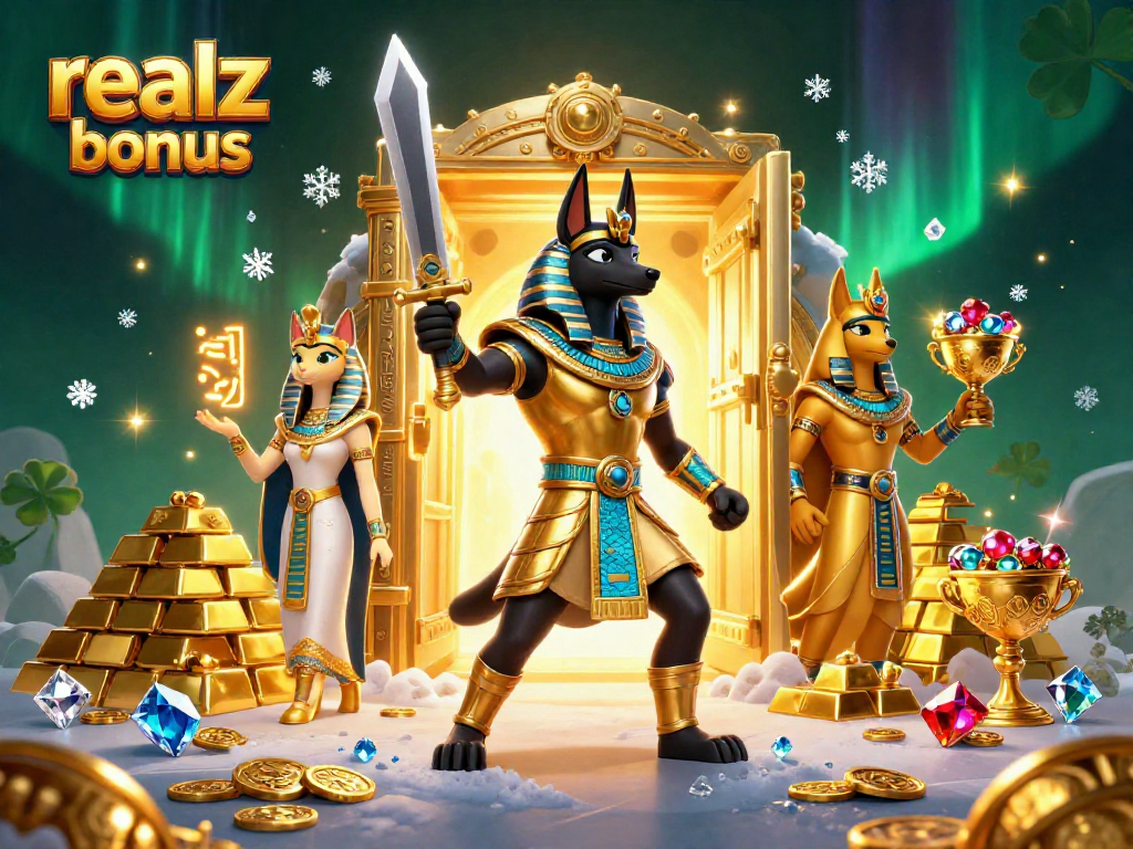 Erlebe den Realz Casino Bonus mit Anubis und Bastet in einem schillernden Spielautomaten-Szenario.