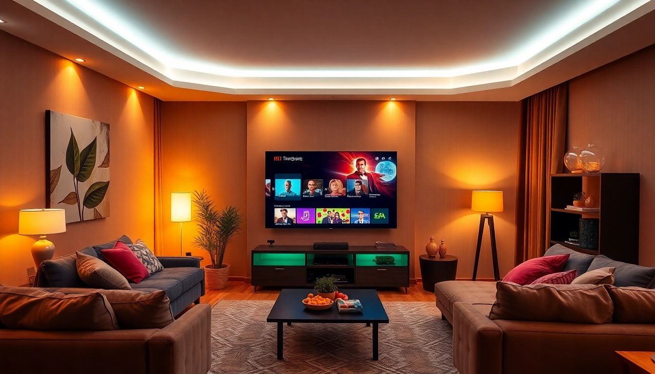 Stream high-quality IPTV kaufen in a cozy modern living room with a large TV, showcasing entertainment options.