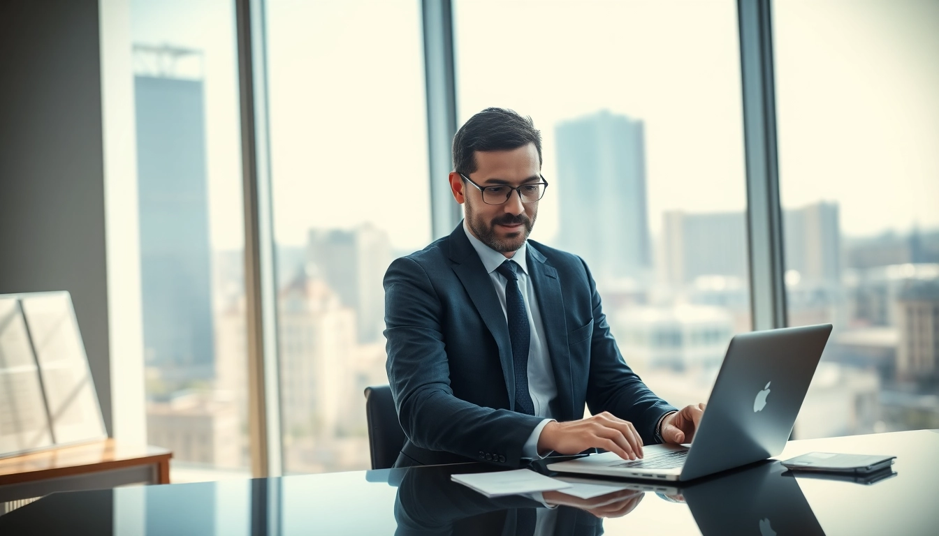 Headhunter München beim Arbeiten in modernem Büro, konzentriert am Laptop.