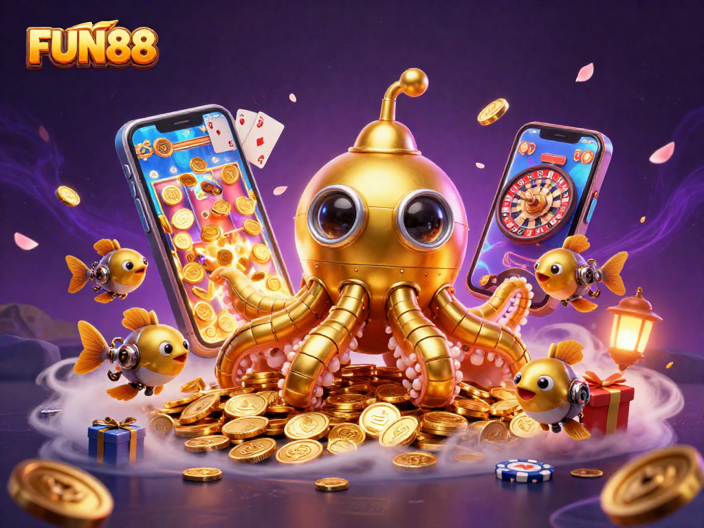Engage in FUN88 with thrilling slot action and fantasy elements in a vibrant, 3D illustration.
