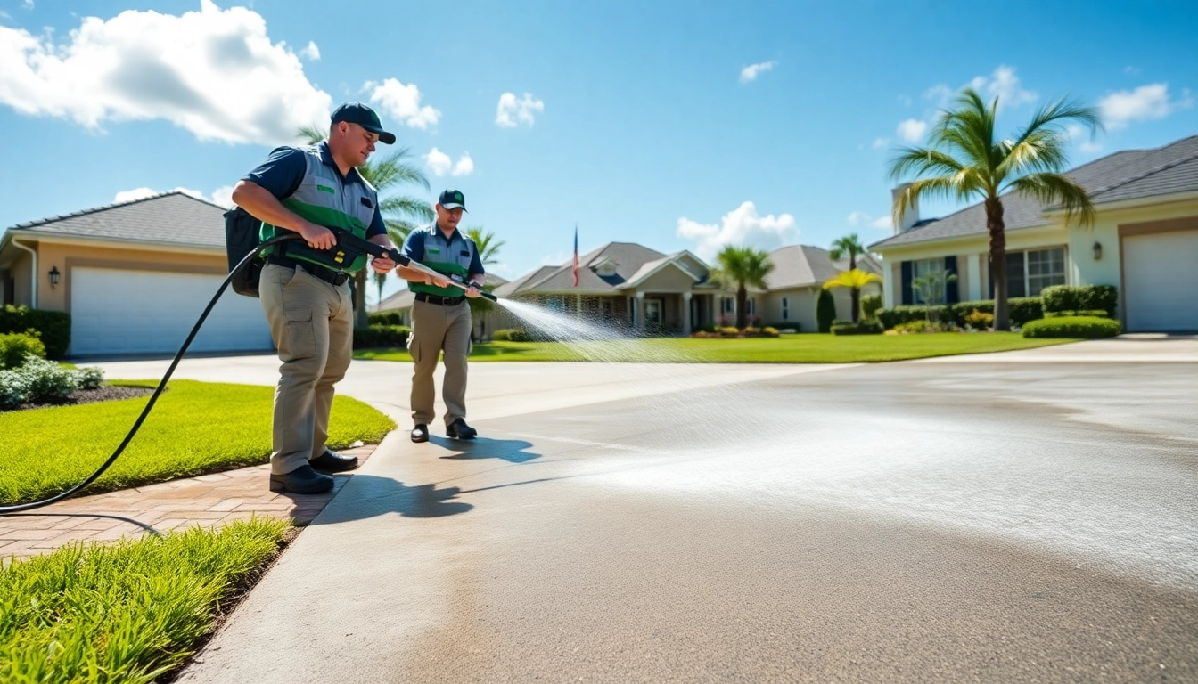 Driveway pressure wash in action, demonstrating professional cleaning techniques in Kissimmee, FL.