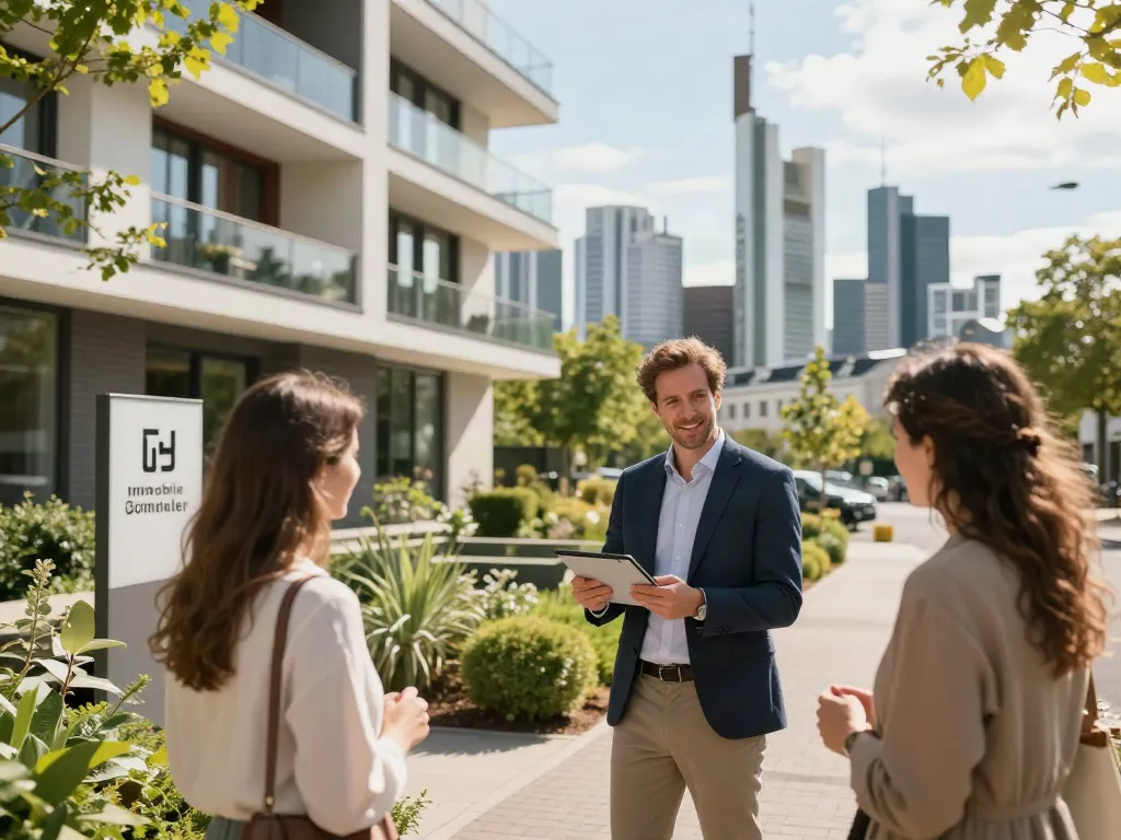 Bester Immobilienmakler Frankfurt zeigt potenziellen Käufern ein modernes Wohngebäude in Frankfurt.