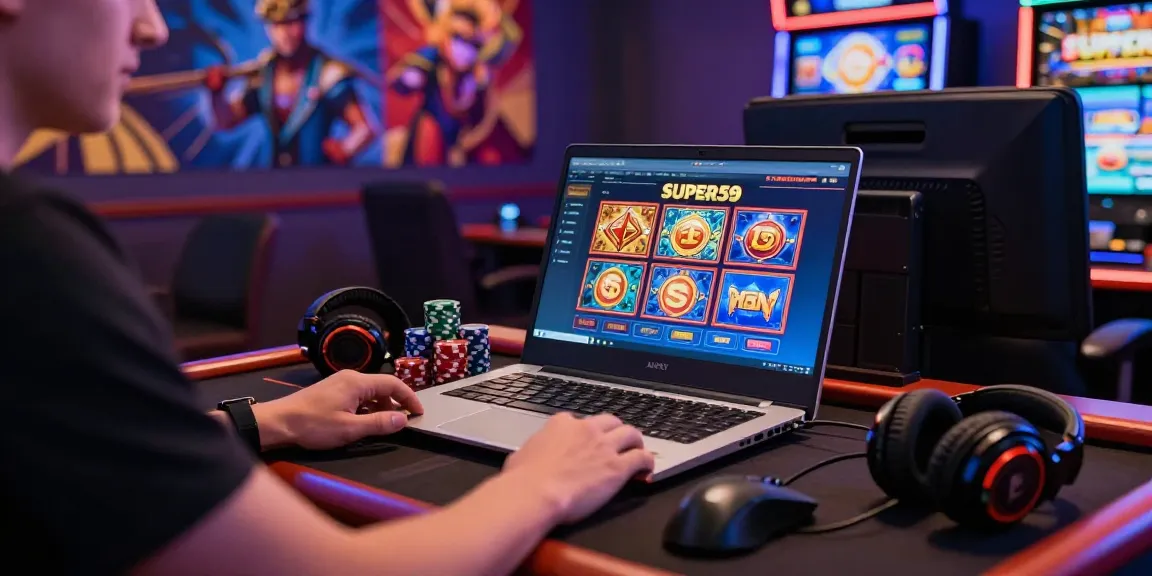 Pengguna melihat SUPER59 link alternatif di laptop dengan suasana kasino online yang meriah.