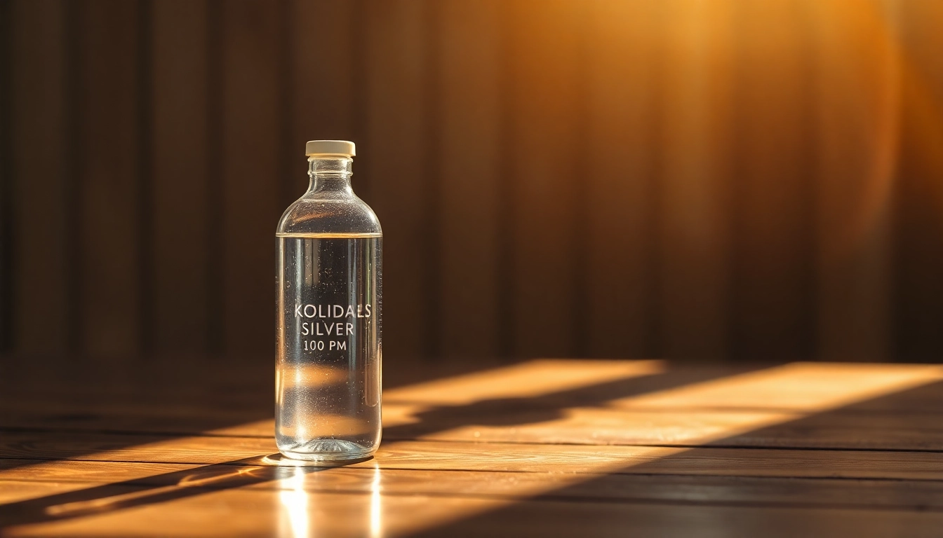 Show bottle of Kolloidales Silber 100 ppm with warm lighting, emphasizing purity and quality.