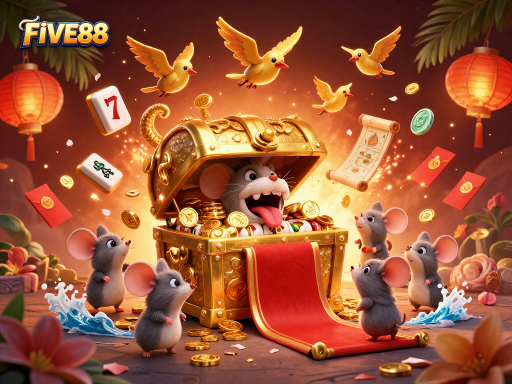Experience the excitement with FIVE88's vibrant 3D casino treasure scene, showcasing slot reels and adventure.