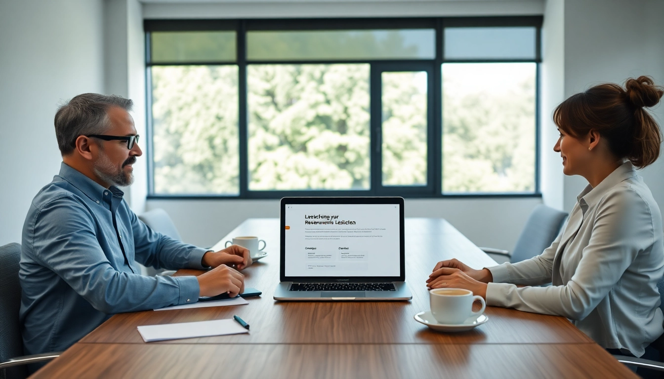 Professionelles Team, das die Services für Bewertungen löschen diskutiert, modern ausgestattetes Büro mit Laptop und Notizen.