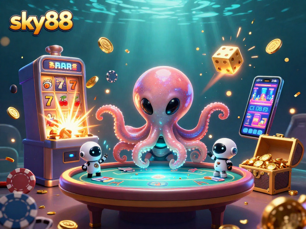 Experience excitement at sky88 with 3D alien octopus operating a dynamic poker table.