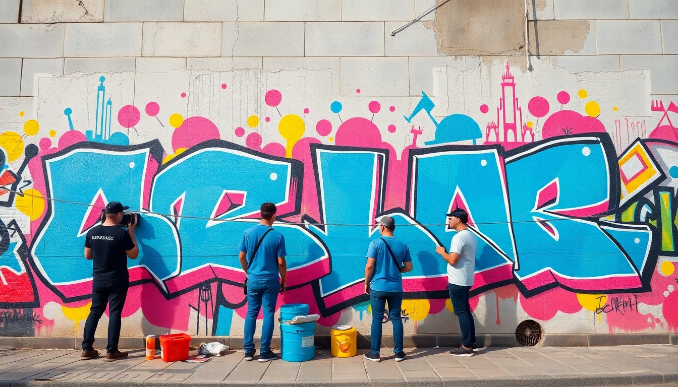Entdecken Sie eindrucksvolle Graffiti Berlin, das eine kreative Wandpräsentation zeigt, einschließlich lebendiger Farben und urbaner Künstler, die künstlerisch tätig sind.