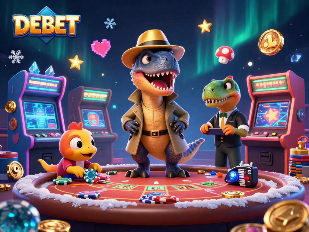 DEBET energizes gameplay with a velociraptor card counter at a blackjack table amidst vibrant game elements