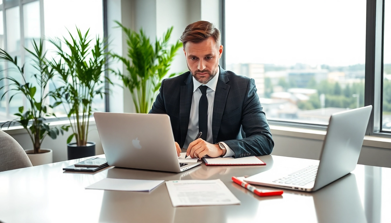Headhunter Leverkusen bei der Arbeit in einem modernen Büro, umgeben von Lebensläufen und Notizen.