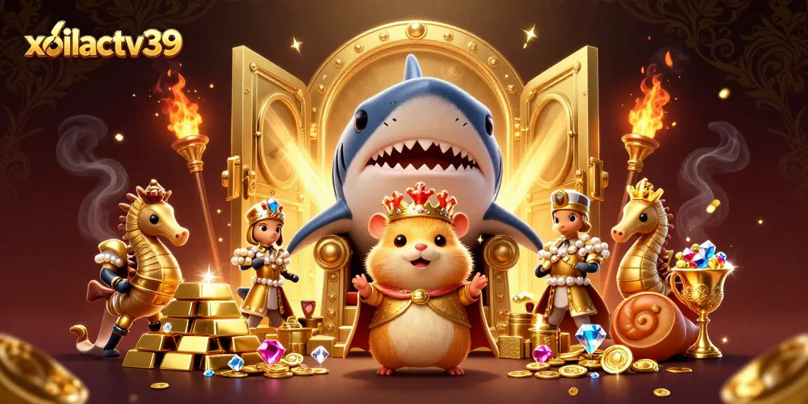 Join the fierce golden hamster king on the throne of xoilactv39's treasure in this vibrant casino illustration