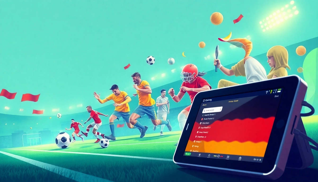 Explore neue wettanbieter deutschland, featuring a digital landscape with sports icons and devices highlighting the betting experience.