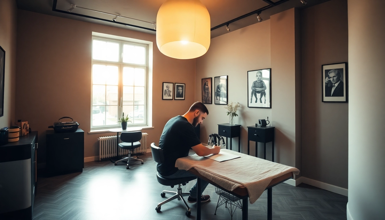 Tattoo Studio München mit Künstlern, die kreative Designs für Kunden umsetzen, in einem modernen Ambiente.