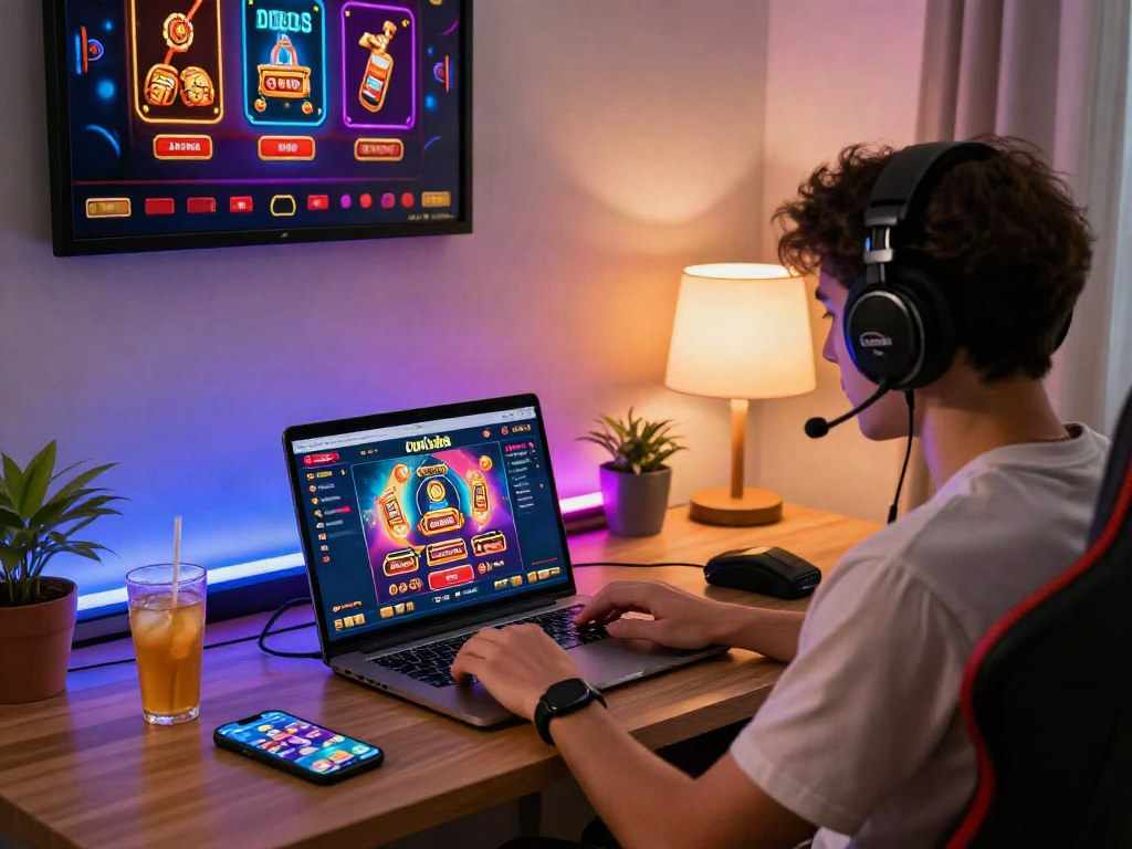 Engaged user exploring rokok88 link alternatif on a laptop in a stylish home gaming space with vibrant designs.