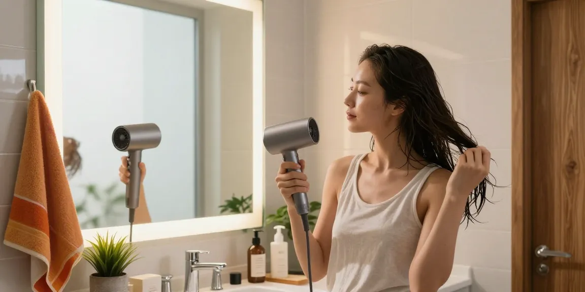 Woman styling hair with a mini blow dryer in a bright bathroom.