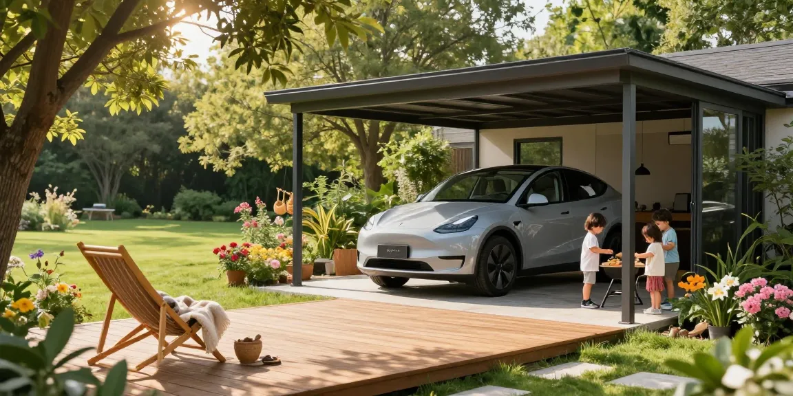 Moderne Carport in einem blühenden Garten mit einem Elektrofahrzeug.